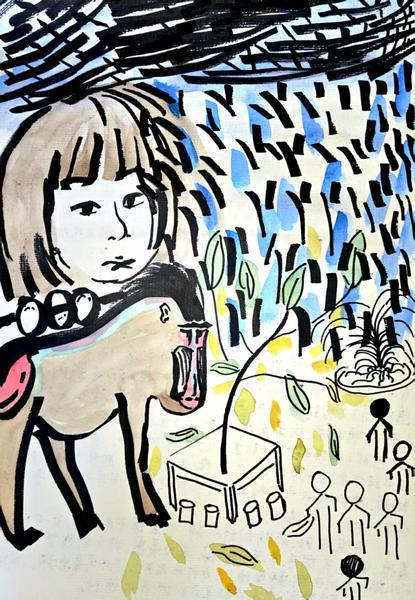 Drawing — girl, baboon, table, sprouting tree